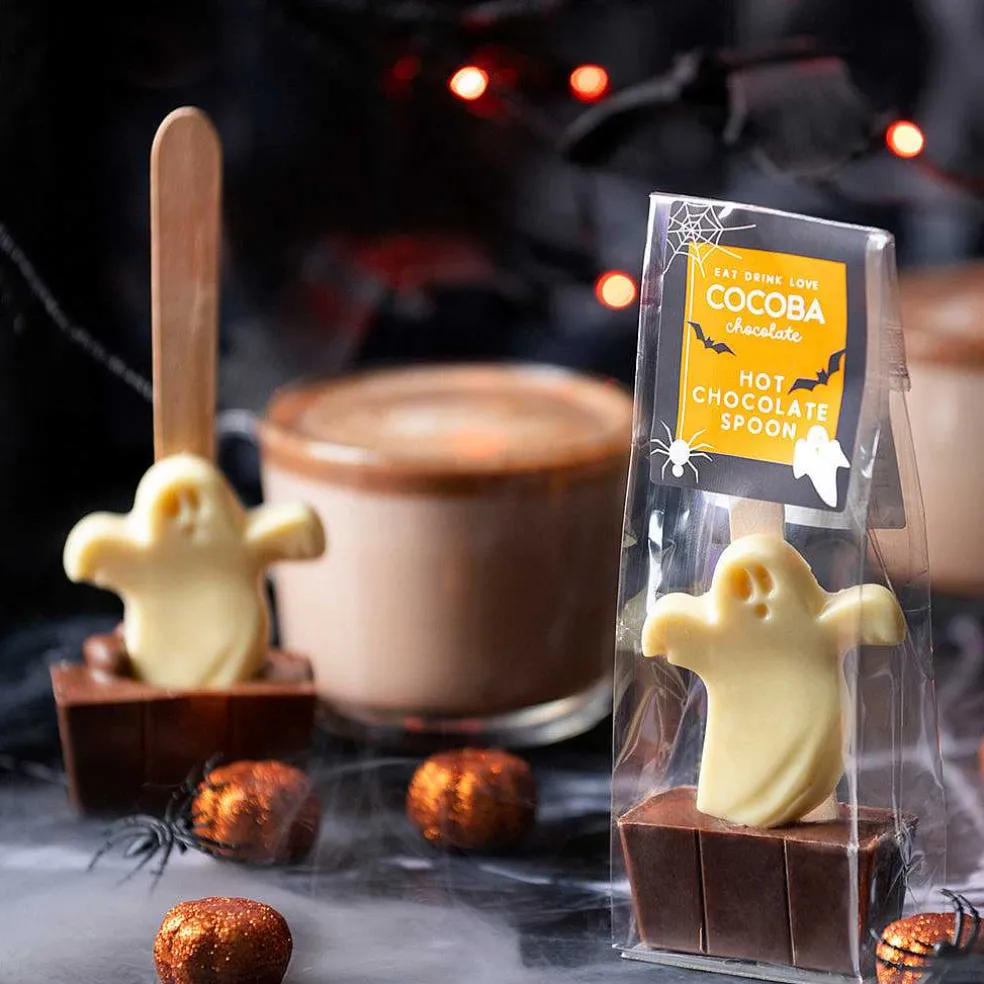 halloween_ghost_hot_choco_1.webp Cocoba Chocolate Hot Chocolate Spoons>Halloween Ghost Hot Chocolate Spoon Multipack (5 Spoons)
