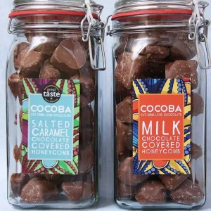 Cocoba Chocolate Chocolate Honeycomb Jars>Salted Caramel Milk Chocolate Covered Honeycomb Jar